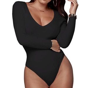 Sleek black thong-bottom ribbed bodysuit